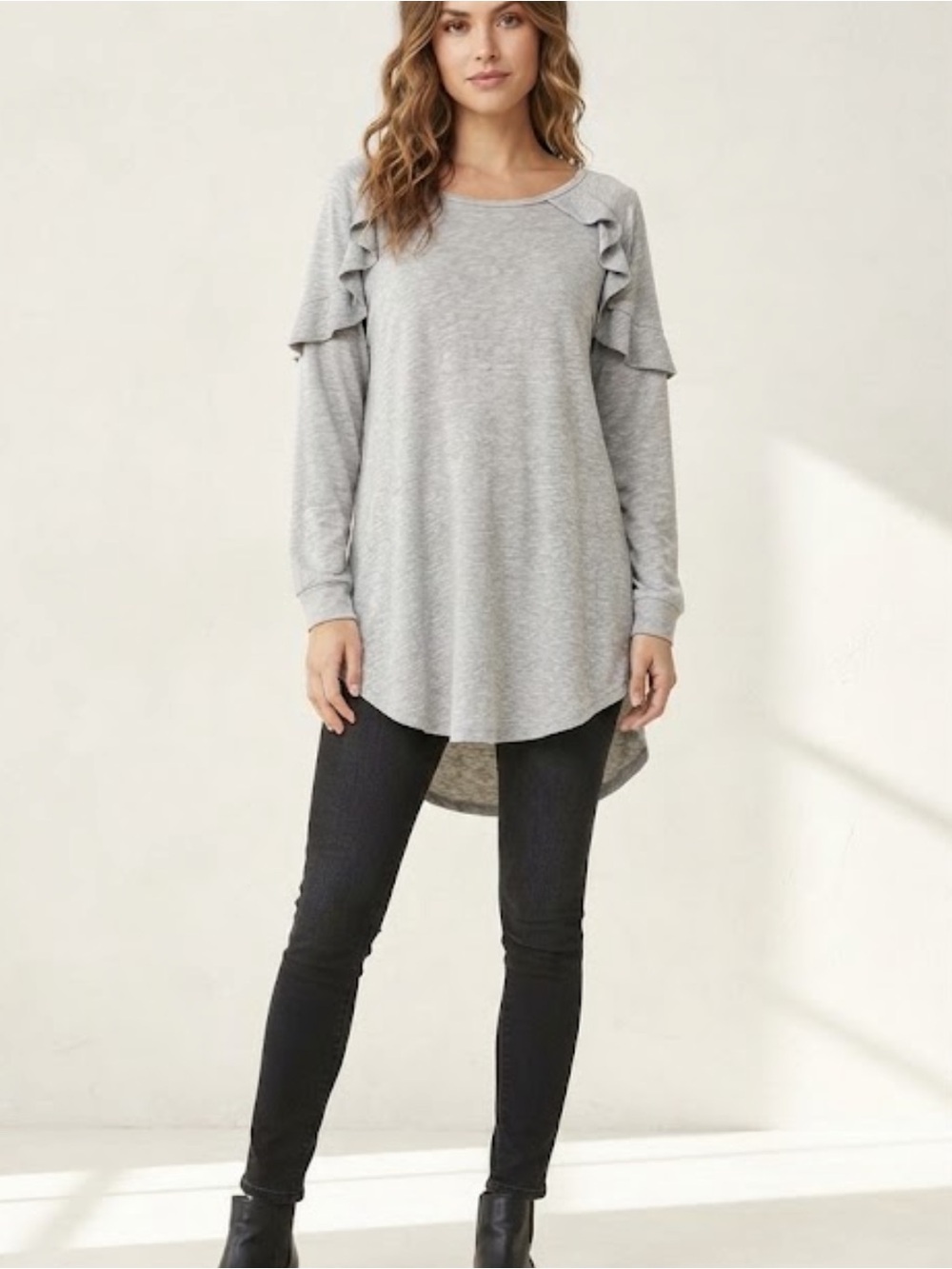 Umgee Light Gray Ruffle Shoulder Tunic Top